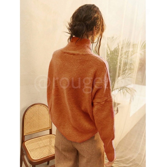 Orange Knit Turtleneck Pullover Sweater Long Sleeve Drop Shoulder - Picture 3 of 9